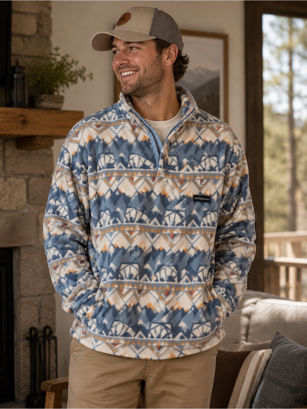 Southern Marsh Light Blue Fleece Pullover with Geometric Trim